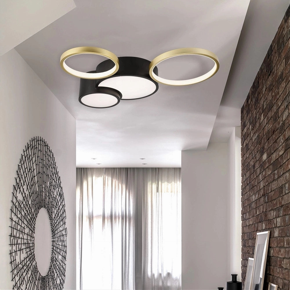 Trade Shop - Plafoniera Led 36w 4 Cerchi Oro Nero Lampada Da Soffitto Moderno Luce 4000k 70951 -