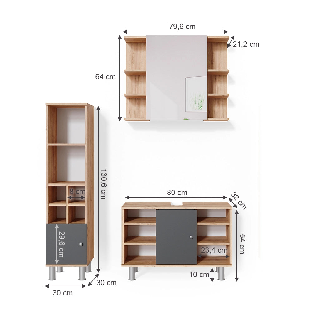 Vicco Set mobili bagno Quercia dorata 3 parti