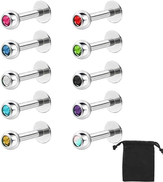 Lippiercing in acciaio inossidabile, ipoallergenico, 10 pezzi, 16 Gauge, meccanizzato, diametro cristallo 1,5 mm