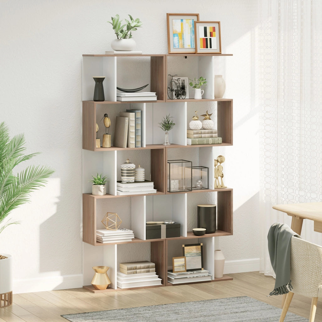 Libreria a S con 5 Ripiani ¨C Minimal ¨C Bianco e Legno 60x24x184,5cm