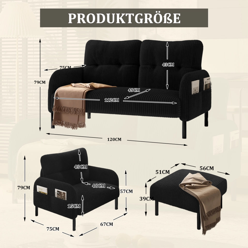 Set divano 3 pezzi in corda nero con divano 2 posti, poltrona e pouf, tasca laterale