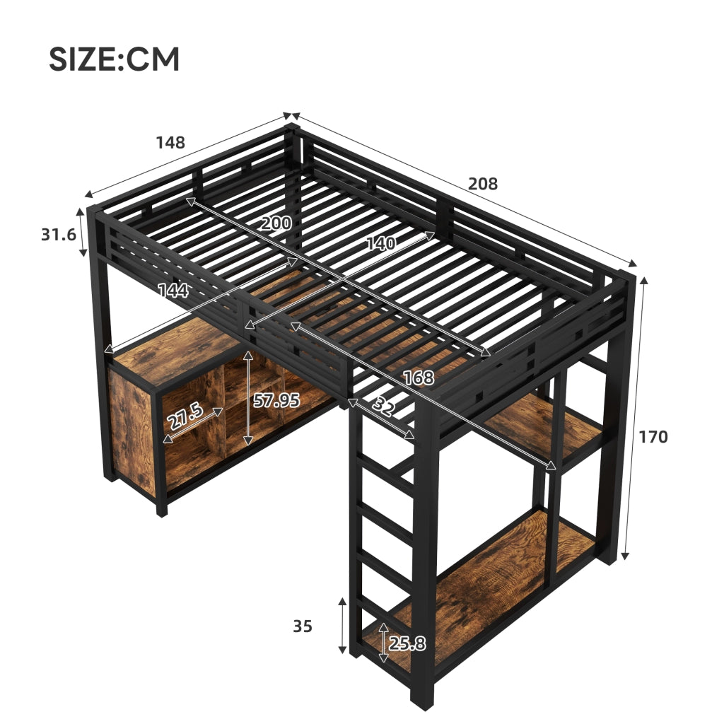 Letto alto in metallo 140x200 scrivania con luci LED e portaoggetti USB in metallo nero