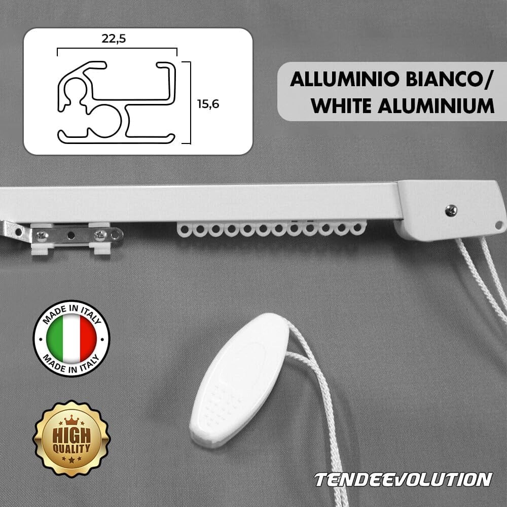 Binario Scorritenda Lineare da Parete in Alluminio Bianco con Movimento a Corda Apertura Centrale - Riloga Bastone per Tenda 200cm
