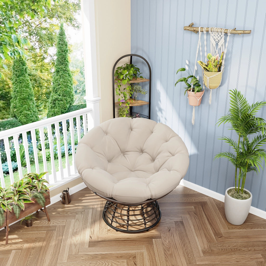 Chaise ergonomique confortable en osier papasan chaise int¨¦rieure ext¨¦rieure pivotante ¨¤ 360¡ã avec coussin ¨¦pais et doux id¨¦ale pour le salon la chambre la salle de lecture cadre marron avec coussin beige