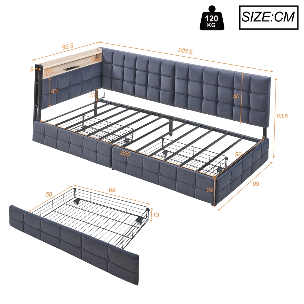 DIVANO LETTO 90x200 cm Imbottito Grigio con 2 cassetti, LED e USB
