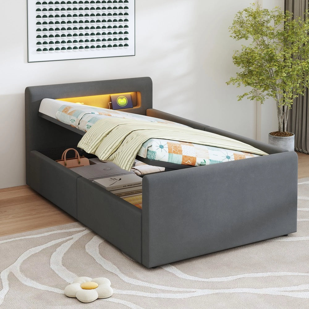 Letto Singolo Imbottito con LED, USB e Contenitore Idraulico ¨C MINIMAL ¨C Velluto Grigio Scuro 90x200
