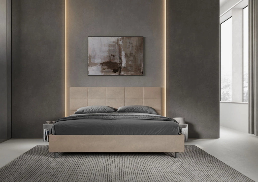 BS COM Letto matrimoniale king size contenitore imbottito 190x200 microfibra sabbia