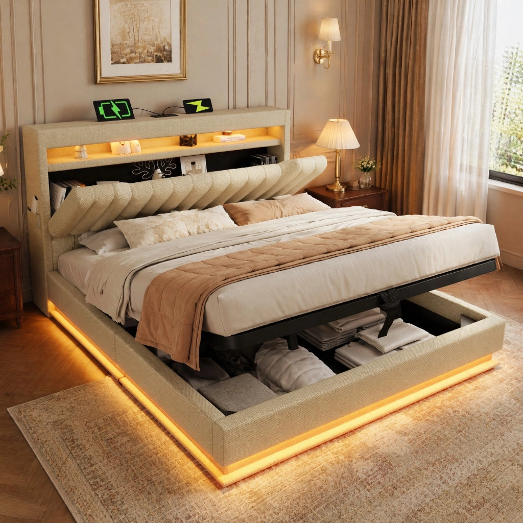 LETTO Imbottito con LED e USB/Type-C 180x200 cm Beige in Lino