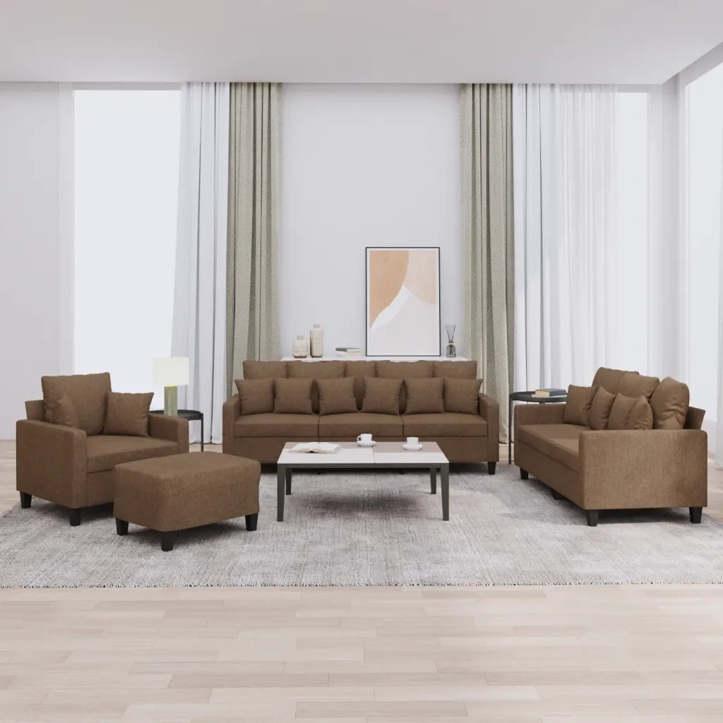 Set di Divani 4 pz con Cuscini Marrone in Tessuto