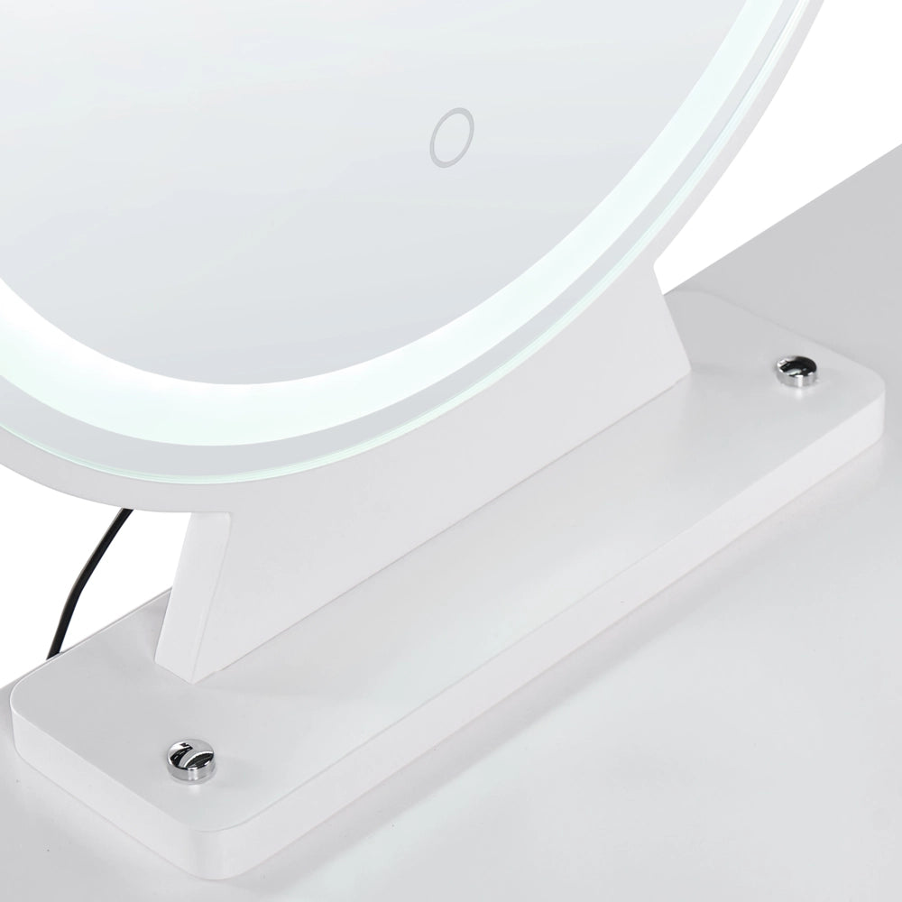 Toeletta con 3 cassetti specchio LED bianco e oro e sgabello camera da letto elegante