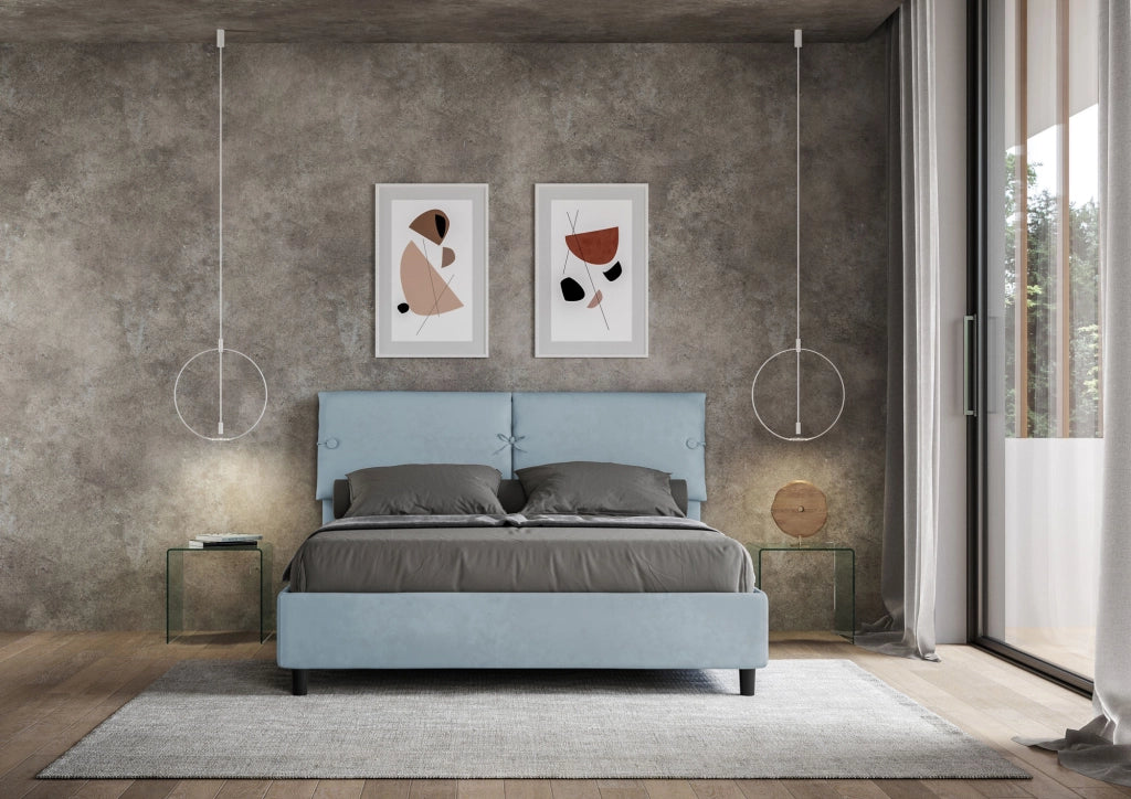 BS COM Letto matrimoniale con rete imbottito 160x210 microfibra azzurro