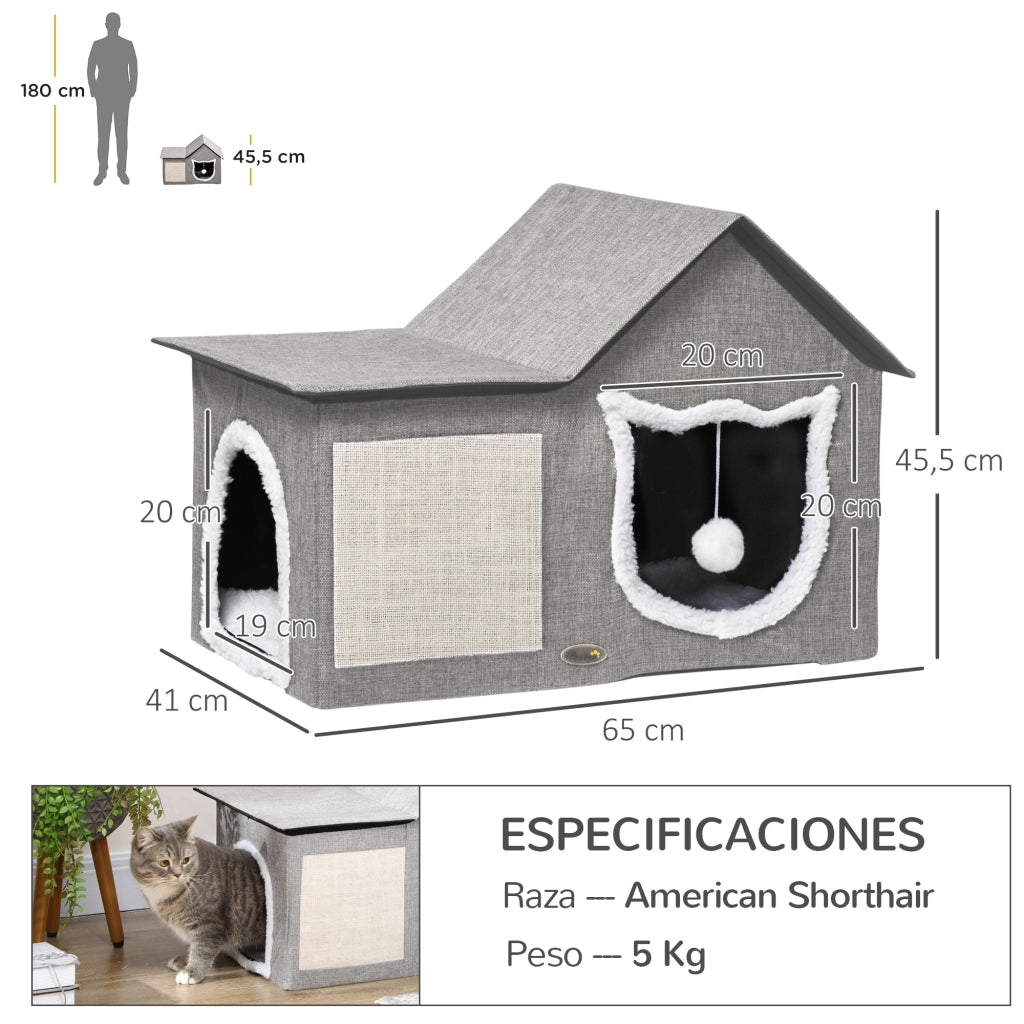 Casetta Gatti con Cuscino Graffiato e Palla ¨C Minimal ¨C 65x41x45.5 cm Grigio