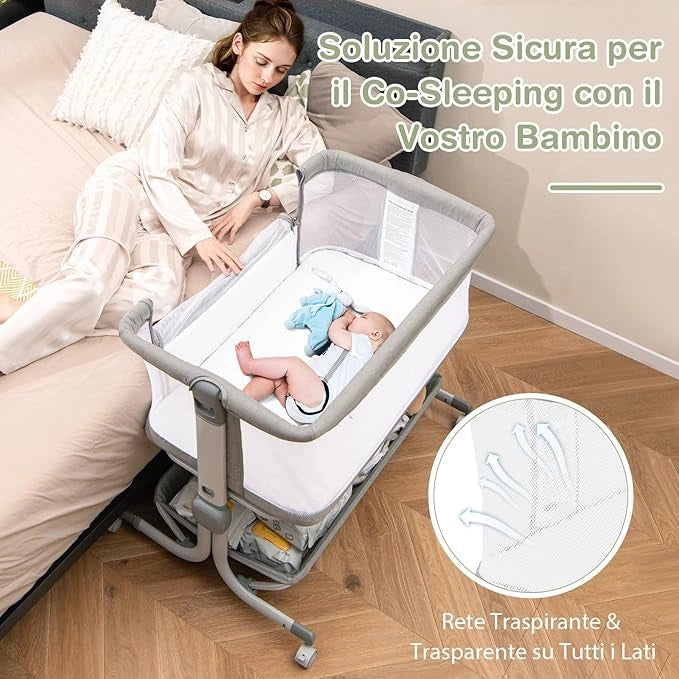 Culla da Affiancare per Neonati, Culla per Bambini con Altezza Regolabile a 6 Livelli, con Mensola Portaoggetti, Materasso e Borsa da Trasporto, per Bambini 0-6 Mesi (Grigio Chiaro)