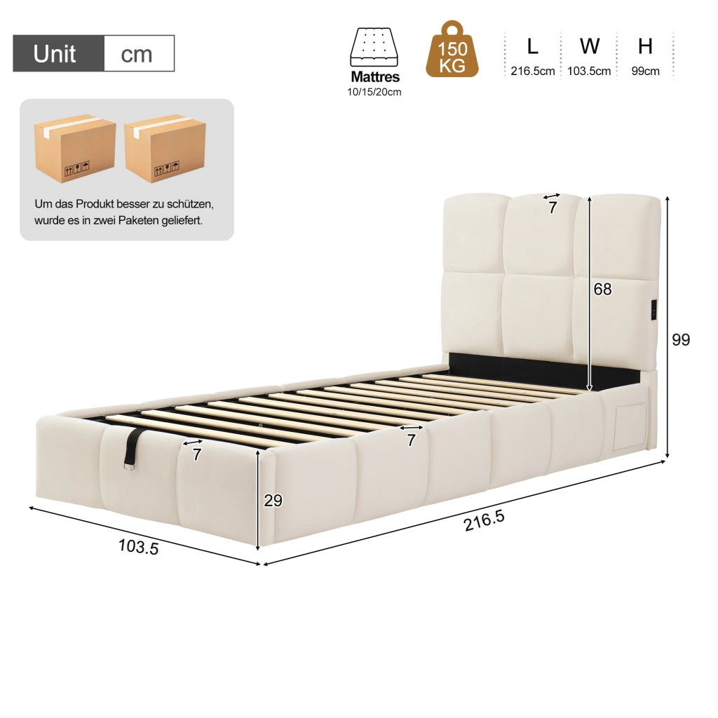 Letto imbottito 90 x 200 cm, letto per bambini, con vano portaoggetti, presa di ricarica USB, velluto, beige