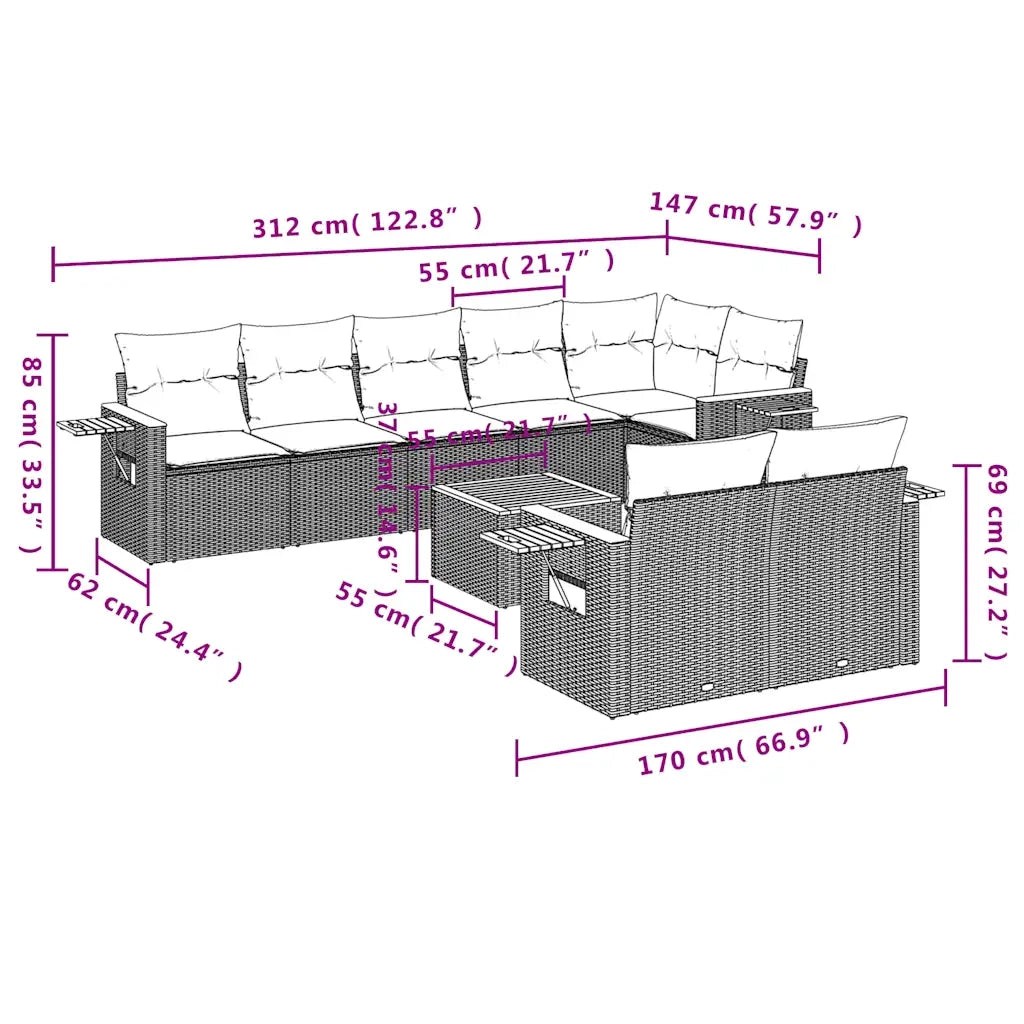 Set Divani da Giardino 9 pz con Cuscini Nero in Polyrattan 3226995