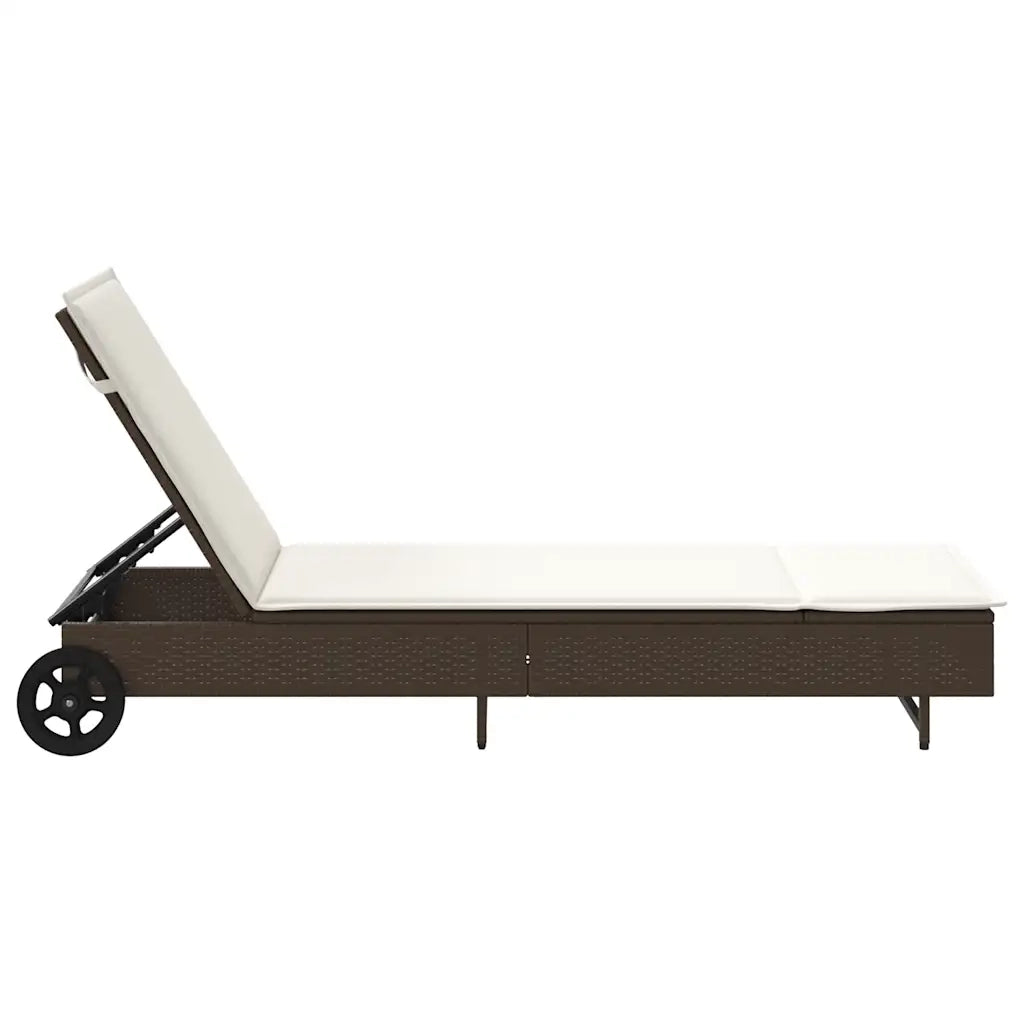 Lettino Prendisole con Ruote e Cuscino in Polyrattan Marrone 4104034