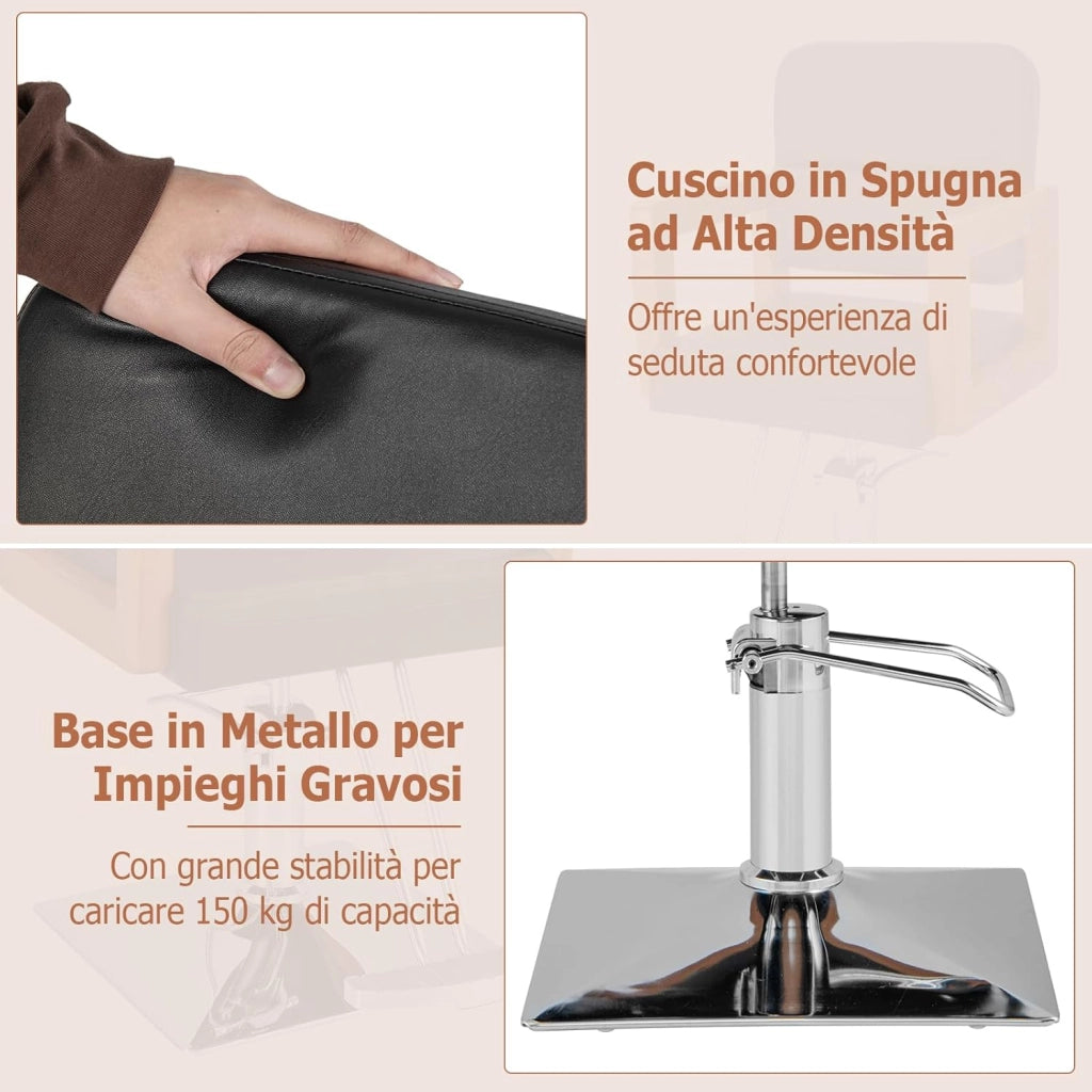 Poltrona da Barbiere, Sedia da Barbiere Girevole a 360°, Regolabile in Altezza, con Braccioli in Legno Massello, Portata 150 kg