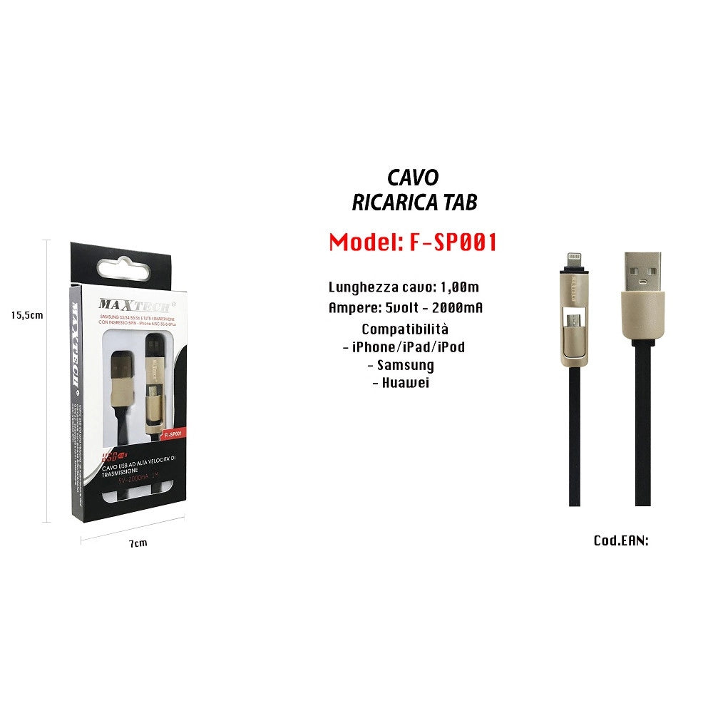 Trade Shop - Cavo Usb Ricarica Tab Per Iphone Samsung Huawei 5volt-2000ma 1mt Maxtech F-sp001 -