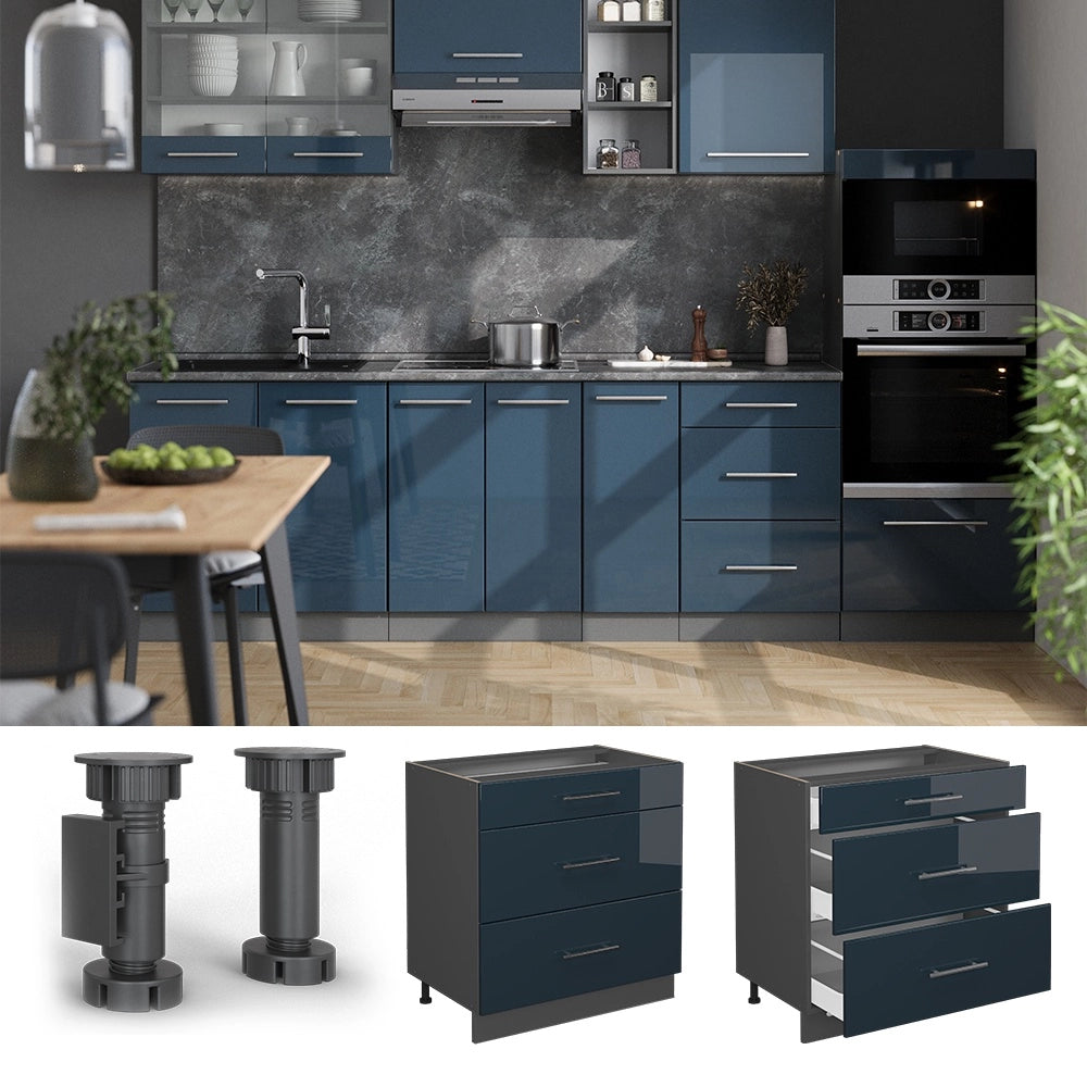 Mobiletto base per cucina Fame-Line Blu scuro lucido/Antracite 80 cm con 3 cassetti, PL Rovere Vicco