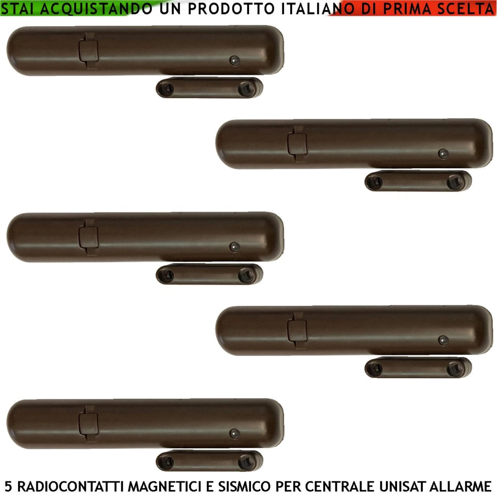 Sismico e Contatto Magnetico 5 Pezzi Radio 2 Ingressi per Sensori Remoti Contaimpulsi Sensibilità Regolabile Anche Tramite App Frequenza 868 MHz Codifica UNISAT2 Led Segnalazione Allarme Cover Marrone