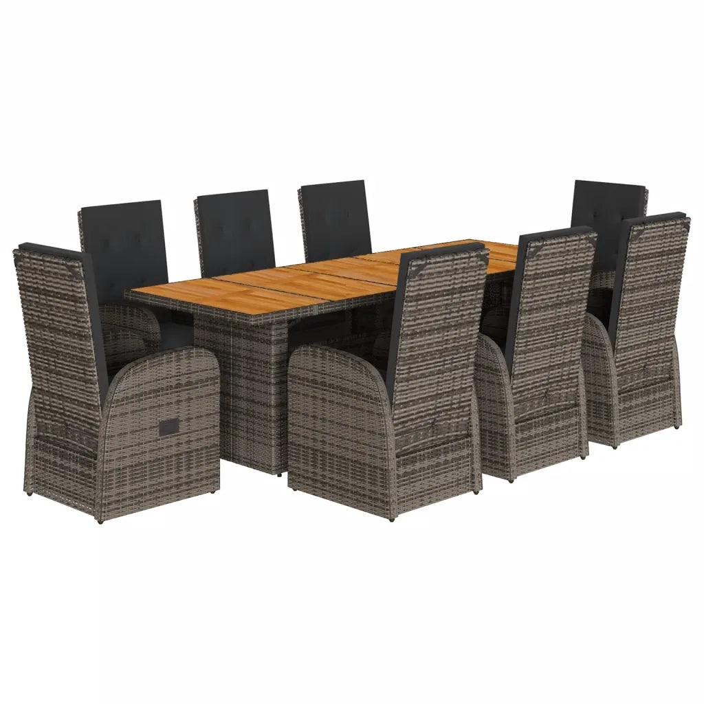 Set da Pranzo da Giardino 9 pz con Cuscini in Polyrattan Grigio