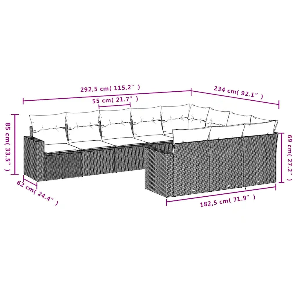 Set Divani da Giardino 10pz con Cuscini in Polyrattan Marrone 3219484