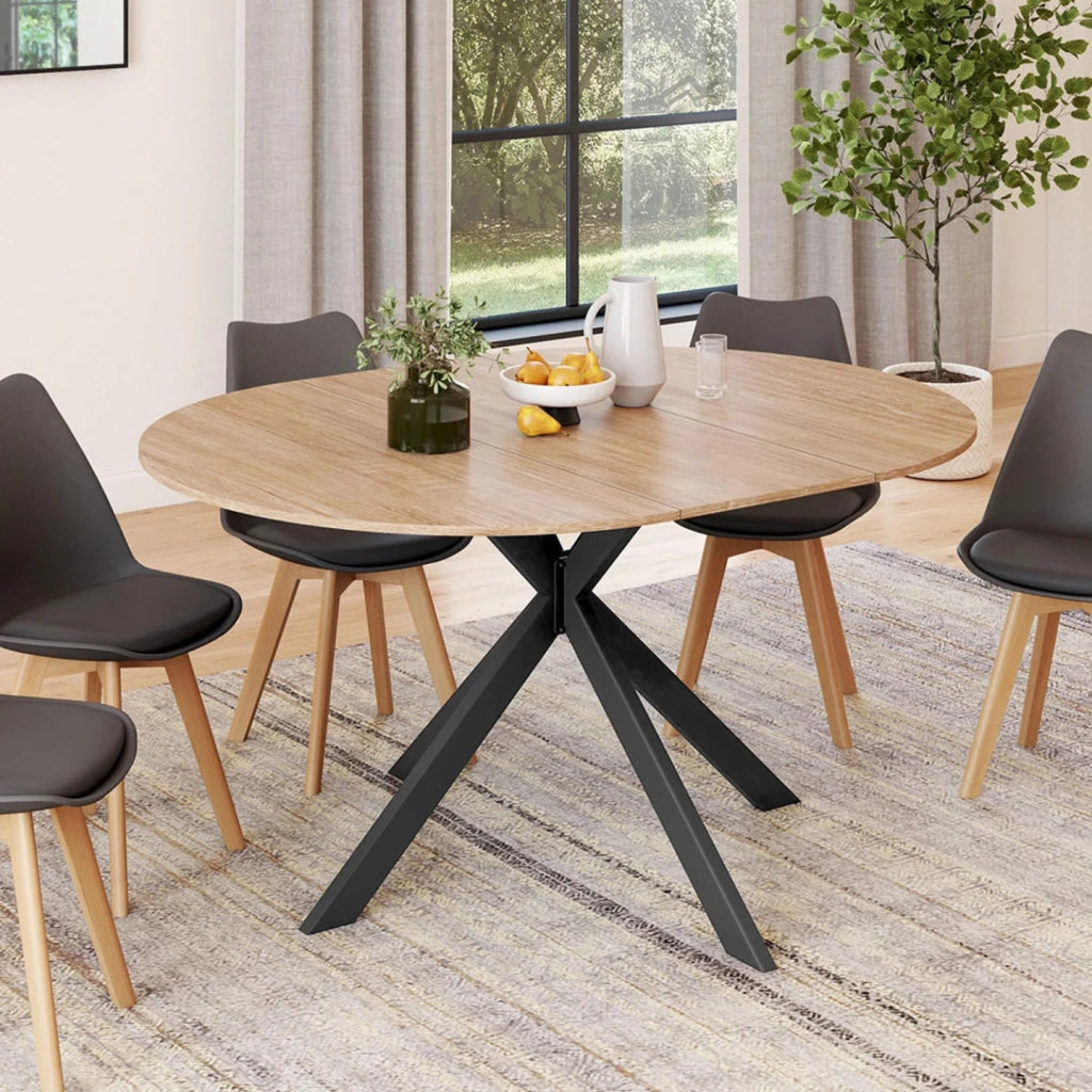 IDMarket - Tavolo da pranzo allungabile ALIX, rotondo, 4-8 persone, nero e gambe a zampa di spagnola in legno 110-150 cm