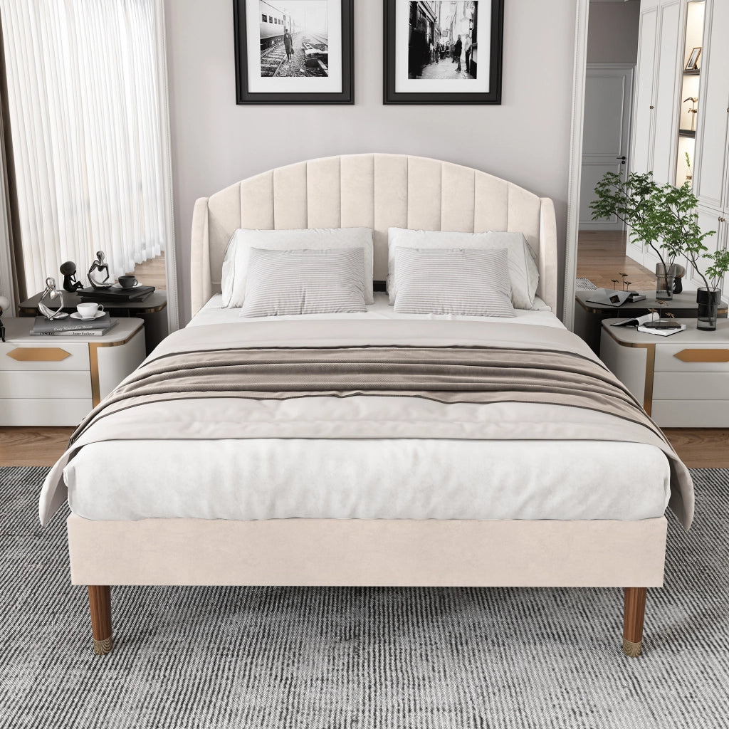 LETTO Imbottito 140x190 cm in Velluto Beige con testiera e rete a doghe