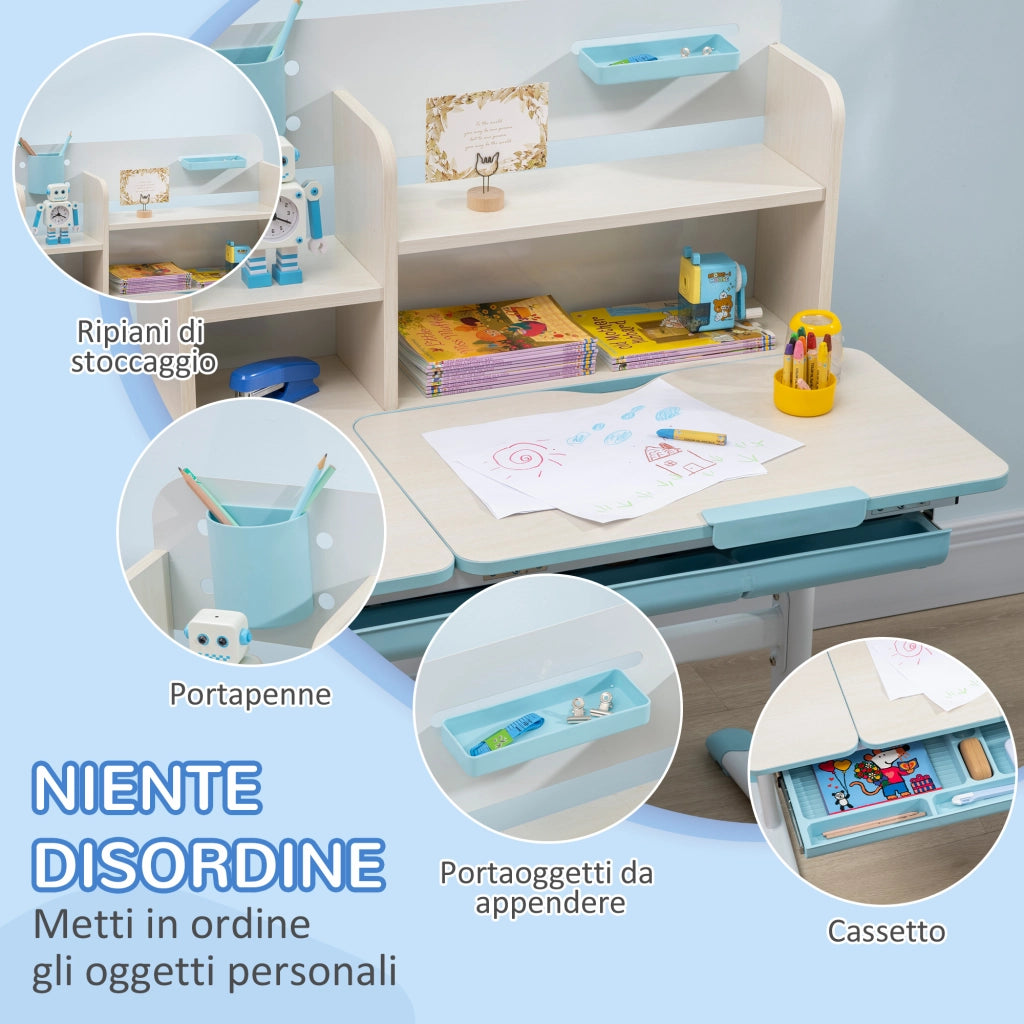 Scrivania per Bambini Regolabile con Cassetto e Ripiani ¨C zephmum ¨C Blu