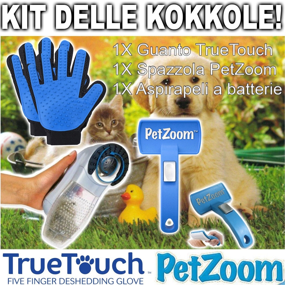 Trade Shop - Kit Delle Coccole True Touch + Petzoom + Aspirapeli Per La Pulizia Cani E Gatti -