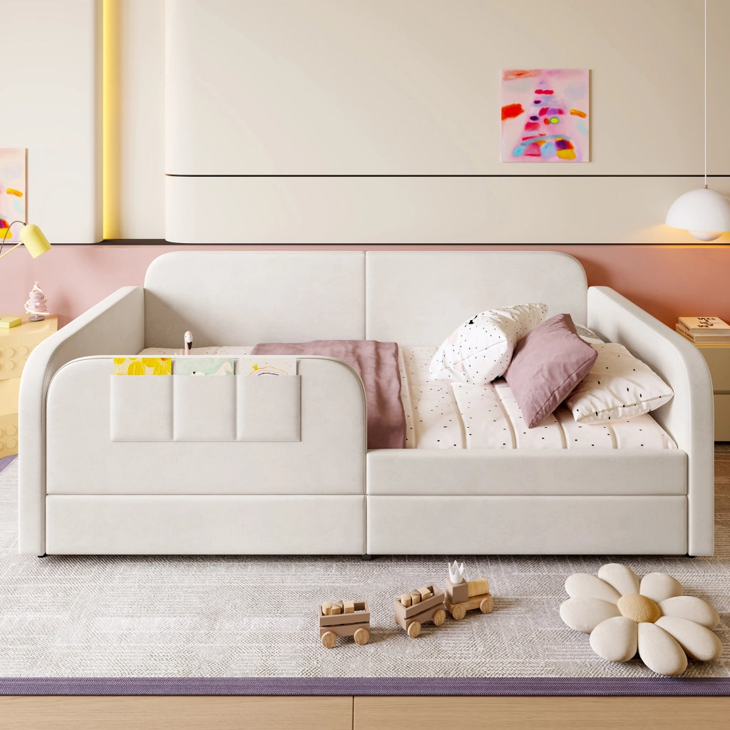 LETTO Singolo 90x200 cm Velluto Bianco con 2 cassetti e tasche laterali