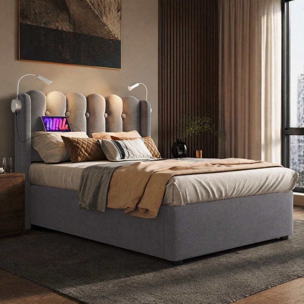Letto singolo in velluto grigio con luce da lettura, USB e contenitore
