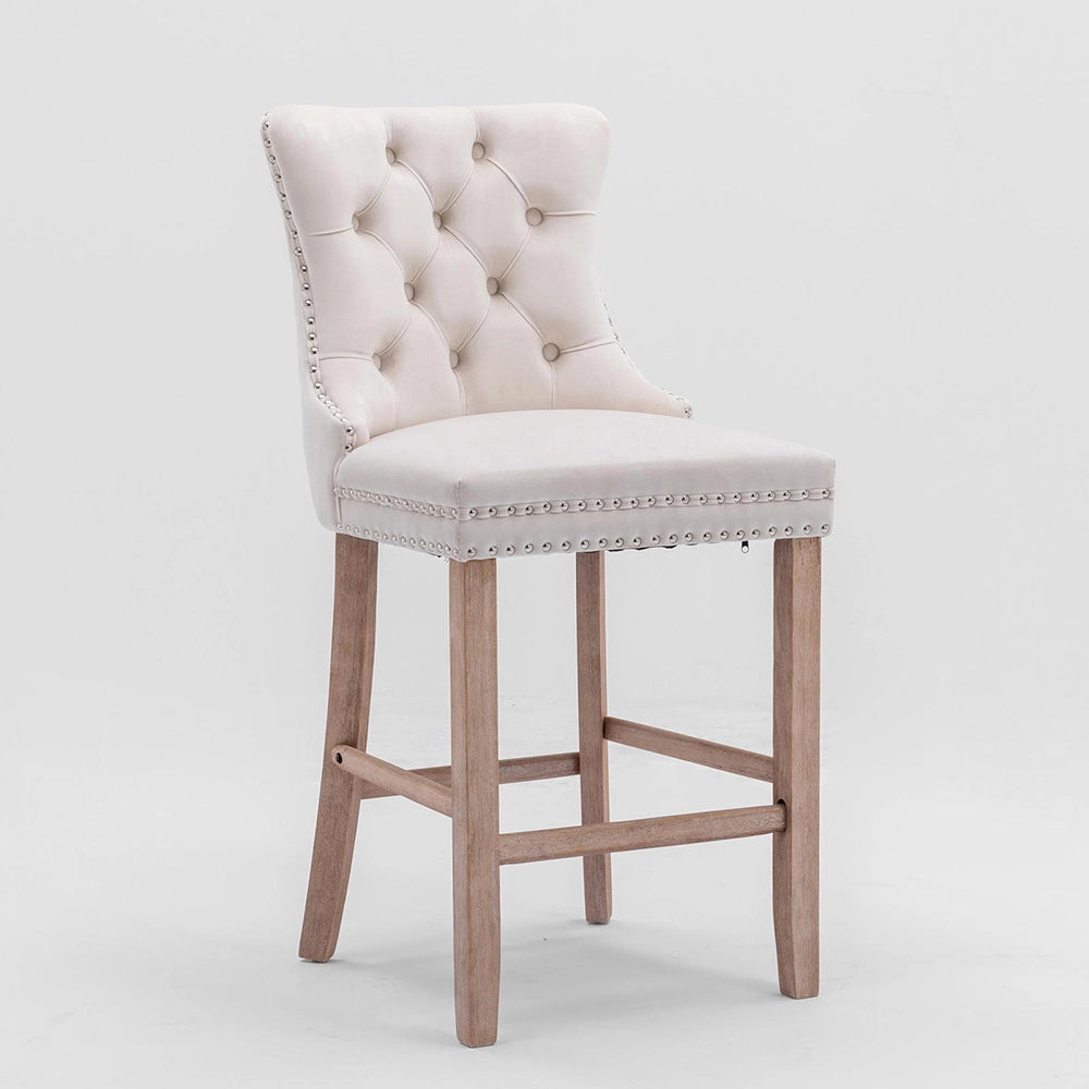 Set 2 sgabelli bar - Xylo - velluto beige gambe legno con borchie
