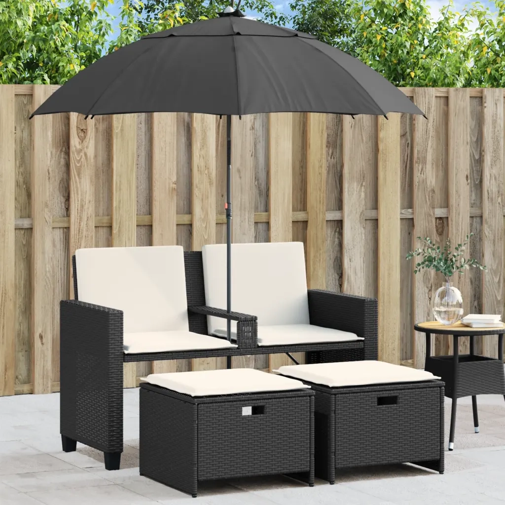 Divano Giardino 2 Posti Ombrellone e Sgabelli Nero Polyrattan 365882