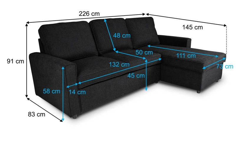 Divano letto angolare con contenitore, divano con chaise longue nero - Kennedy - DL-KE10CL