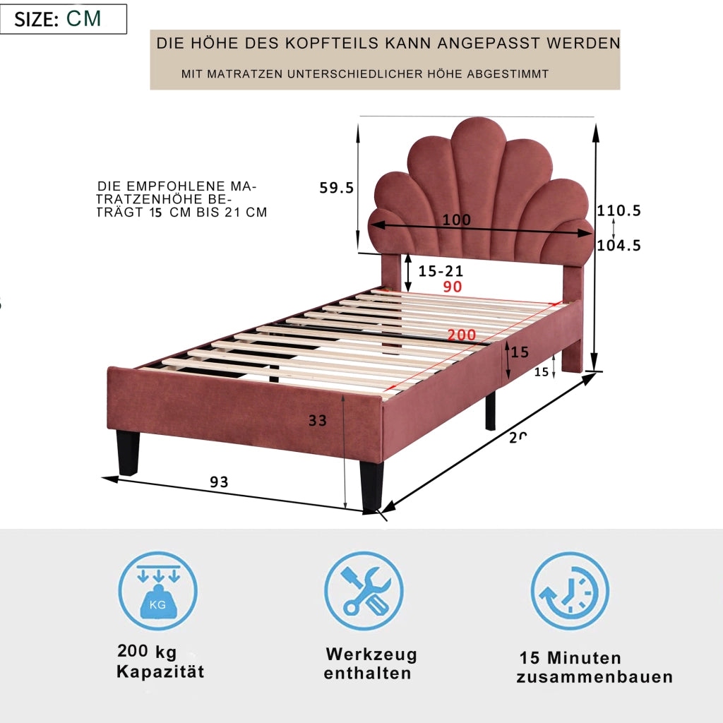 LETTO Imbottito 90x200 cm Velluto Rosso Fagiolo
