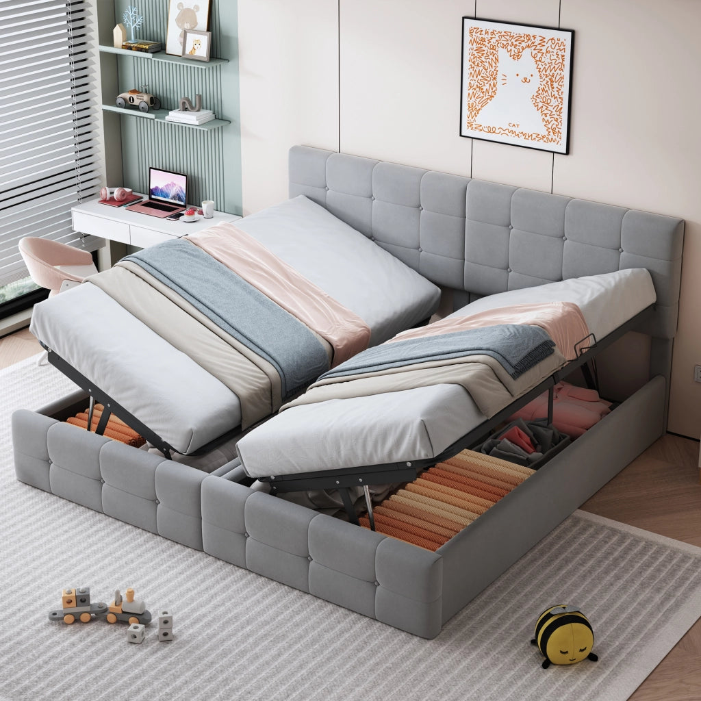 Letto imbottito idraulico 180x200 cm con contenitore, trasformabile in 2 letti singoli, in velluto grigio