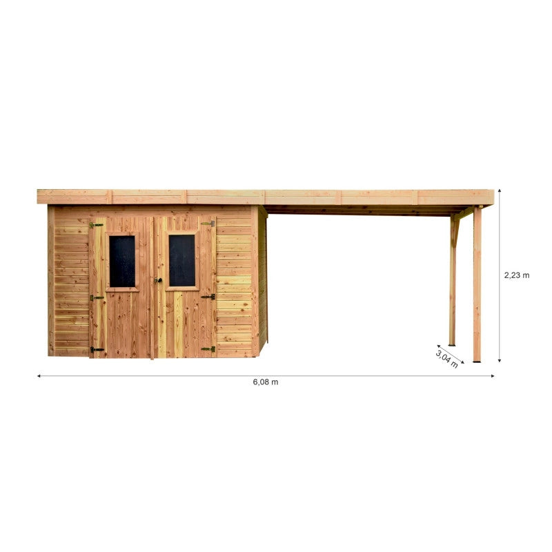 Casetta da giardino in legno 280x580 cm con legnaia – Spessore pareti 28 mm – Tetto piano in acciaio – DIN3030.02B Foresta
