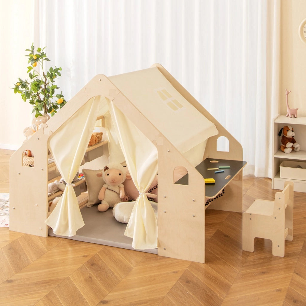Tenda da gioco per bambini e carrello treno giocattolo per bambini-Casetta da gioco con tende e scatola treno giocattolo