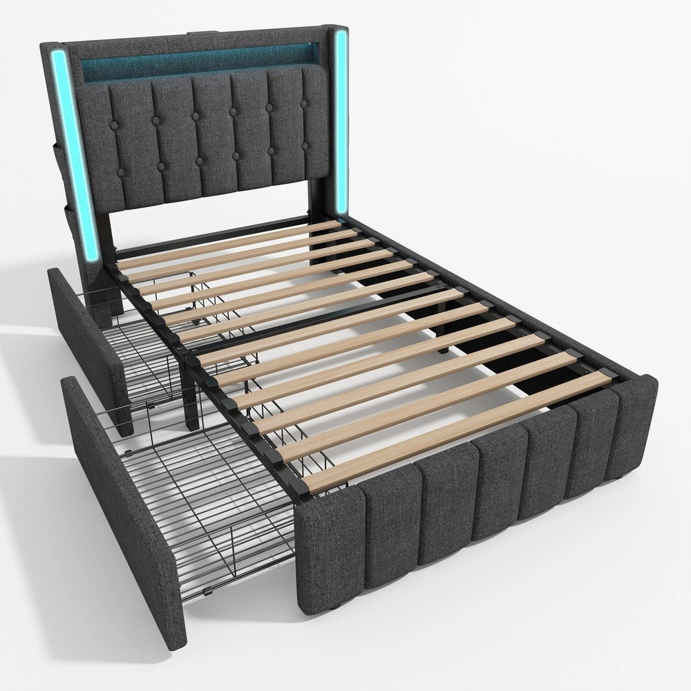 Letto Imbottito con LED, USB e 2 Cassetti ¨C MINIMAL ¨C Grigio 90x200 Singolo