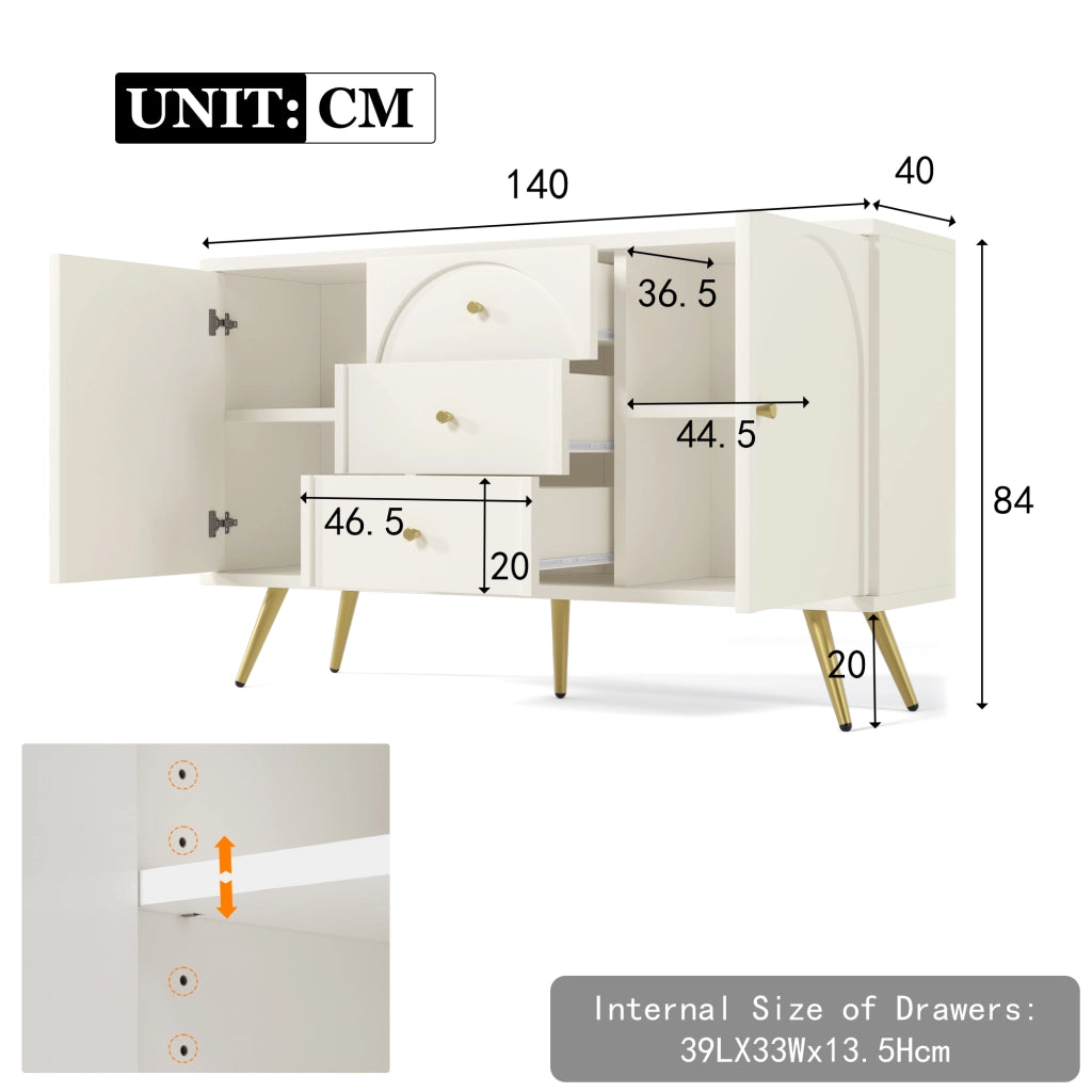 COMÒ 2 porte e 3 cassetti 140x40x84 cm Crema Bianco
