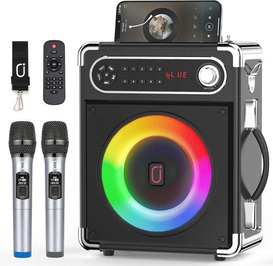 Karaoke portatile con microfoni wireless, diffusore Bluetooth con regolazione basso/alto, telecomando e illuminazione a LED