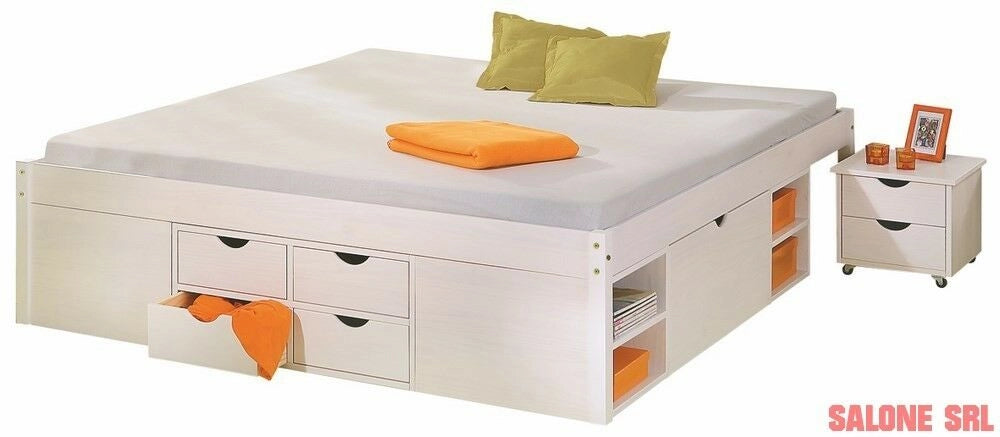 LETTO TILL + VANI CONTENITORE + COMODINO CON RUOTE 166x209x47,5H PINO MASSELLO BIANCO DOGHE INCLUSE