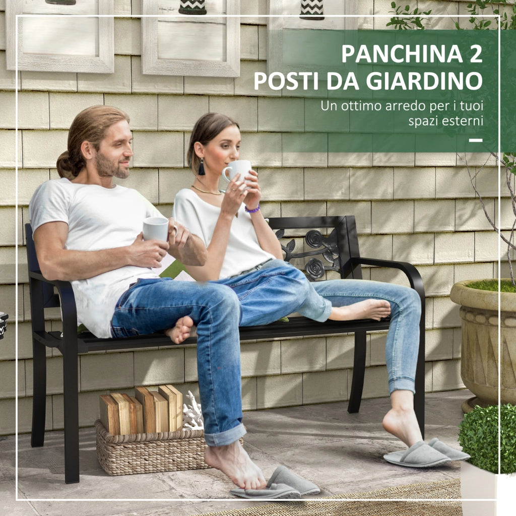 Panchina da Giardino 2 Posti ¨C Xylo ¨C Acciaio Nero con Schienale Decorato e Braccioli 127x50x75cm