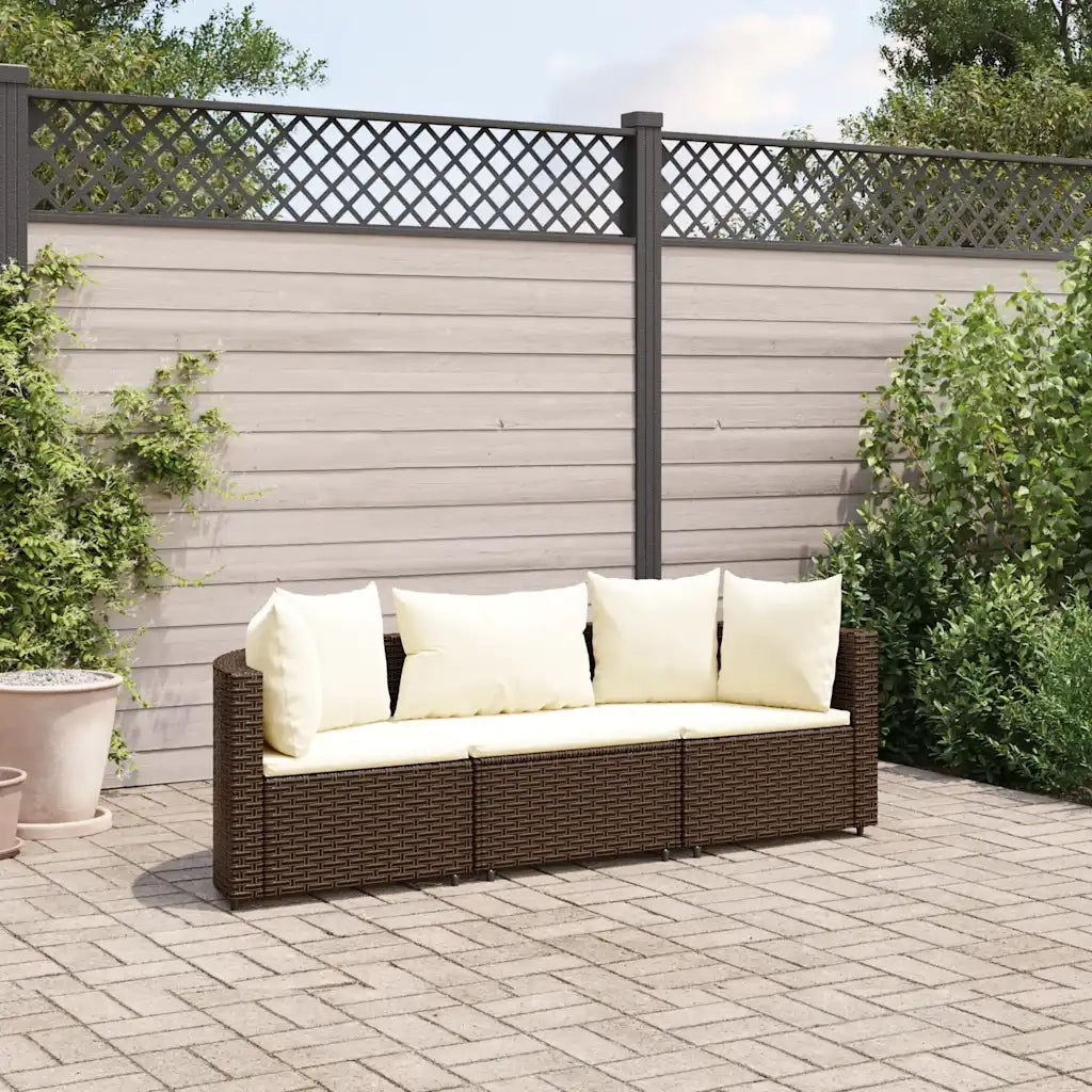 Set Divano da Giardino 3 pz con Cuscini Marrone in Polyrattan