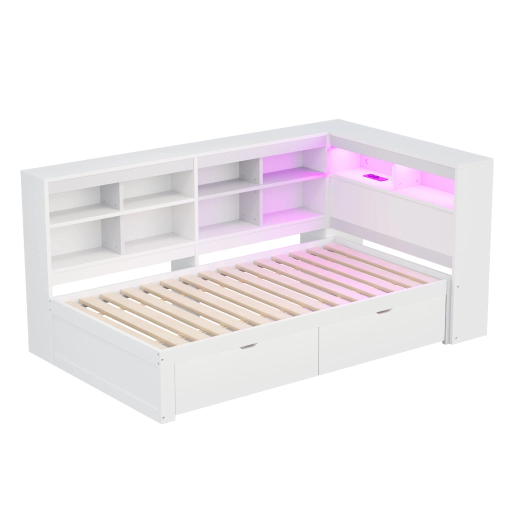 OKWISH Letto a Divano 90×200 cm, Letto Singolo con USB, Presa e LED Regolabile, Mensole e Cassetti, senza Materasso, Legno, Bianco