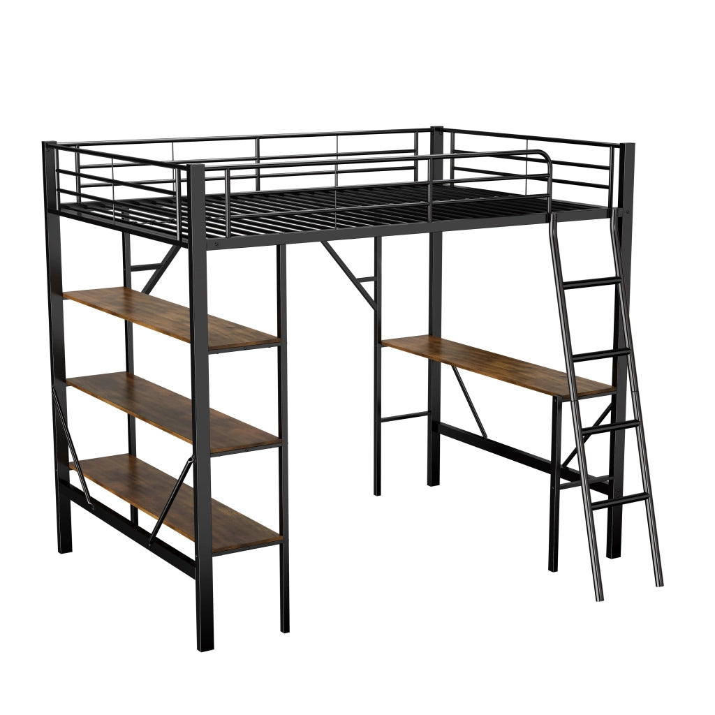 Letto a soppalco 90x200 cm in metallo con scrivania e 3 ripiani, nero