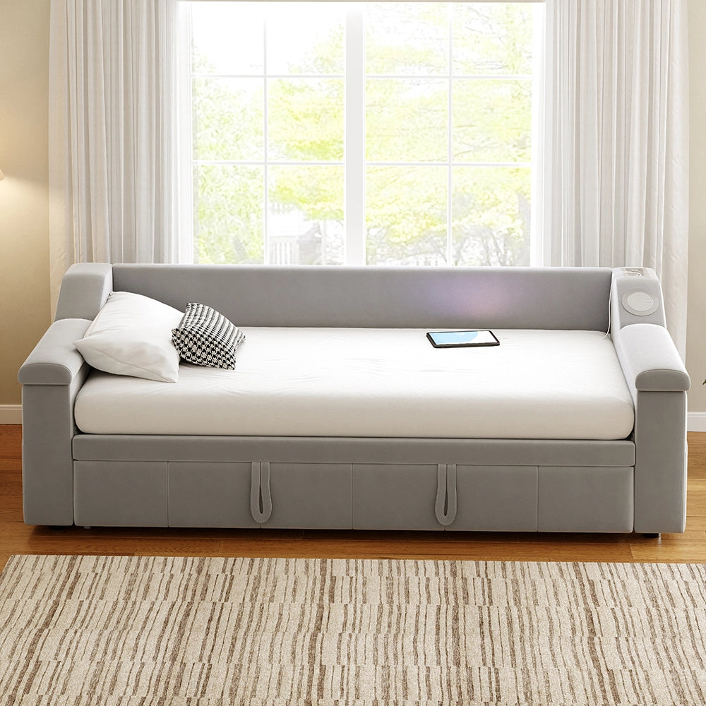 Divano letto - Xylo - 90x190 cm Bluetooth USB velluto grigio chiaro