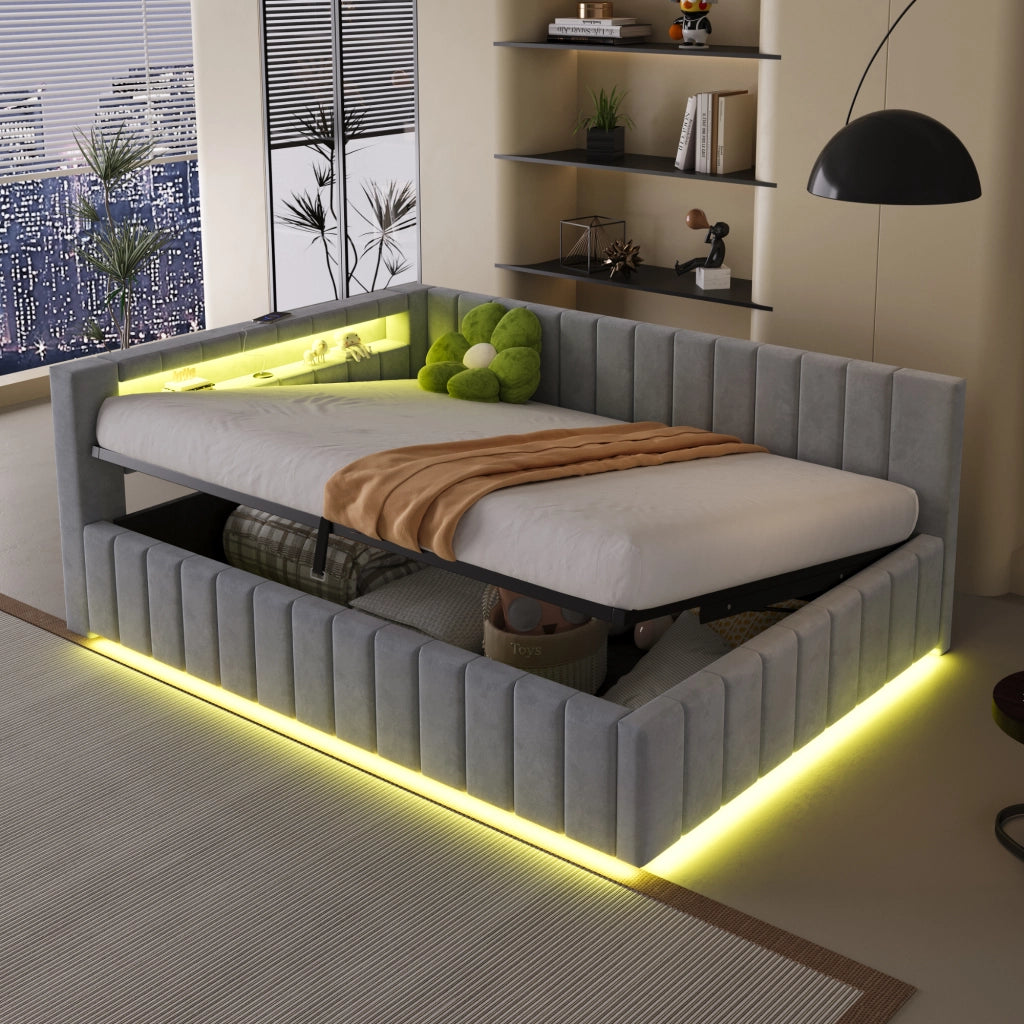 LETTO imbottito 140x200 cm Grigio in velluto con contenitore, LED e USB