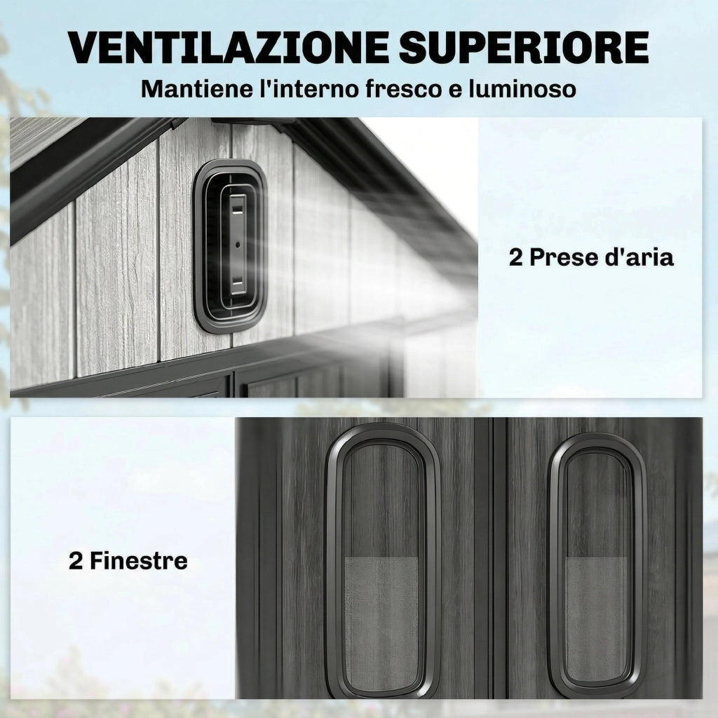 Capanno Giardino 160L x 98P x 217A cm, Plastica, Doppie Porte Bloccabili, Grigio